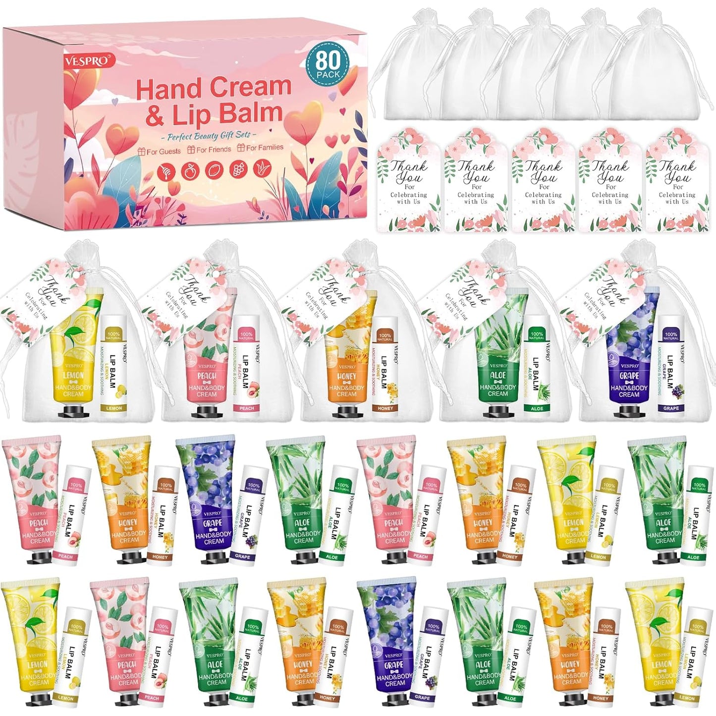 80 Sets Bulk Hand Cream and Bulk Lip Balm Gifts, Stocking Stuffers for Women, Bridesmaid Gifts, Christmas Gifts for Guests with Thank You Card and Organza Bags, Thank You Gifts for Coworkers Women