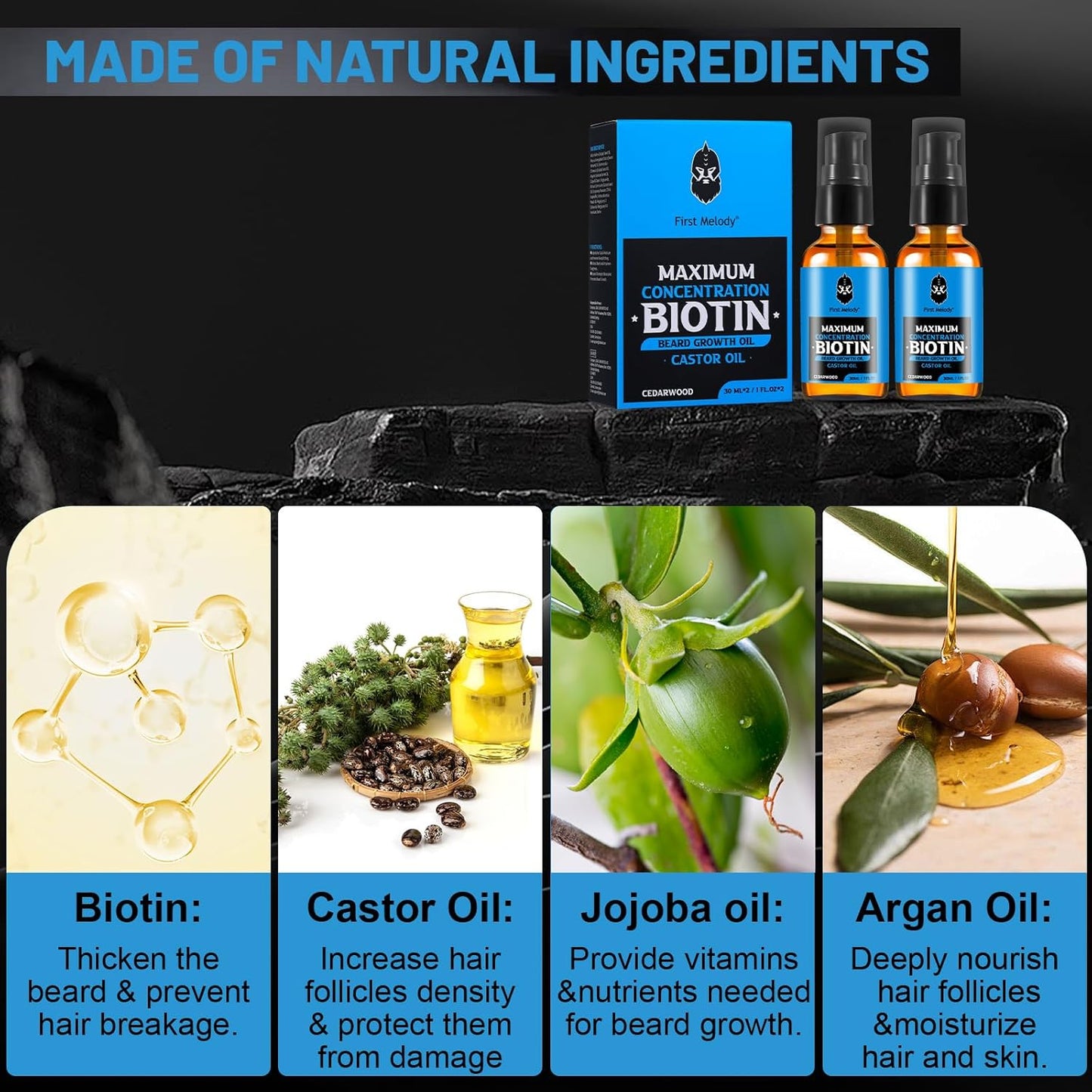 Beard Oil,Maximun Thickening Biotin, with Castor Oil and Argan & Jojoba Oils, Promotes Beard Growth, Styles, Strengthens & Softens Beards & Mustaches,1 Ounce*2（2 Pack）