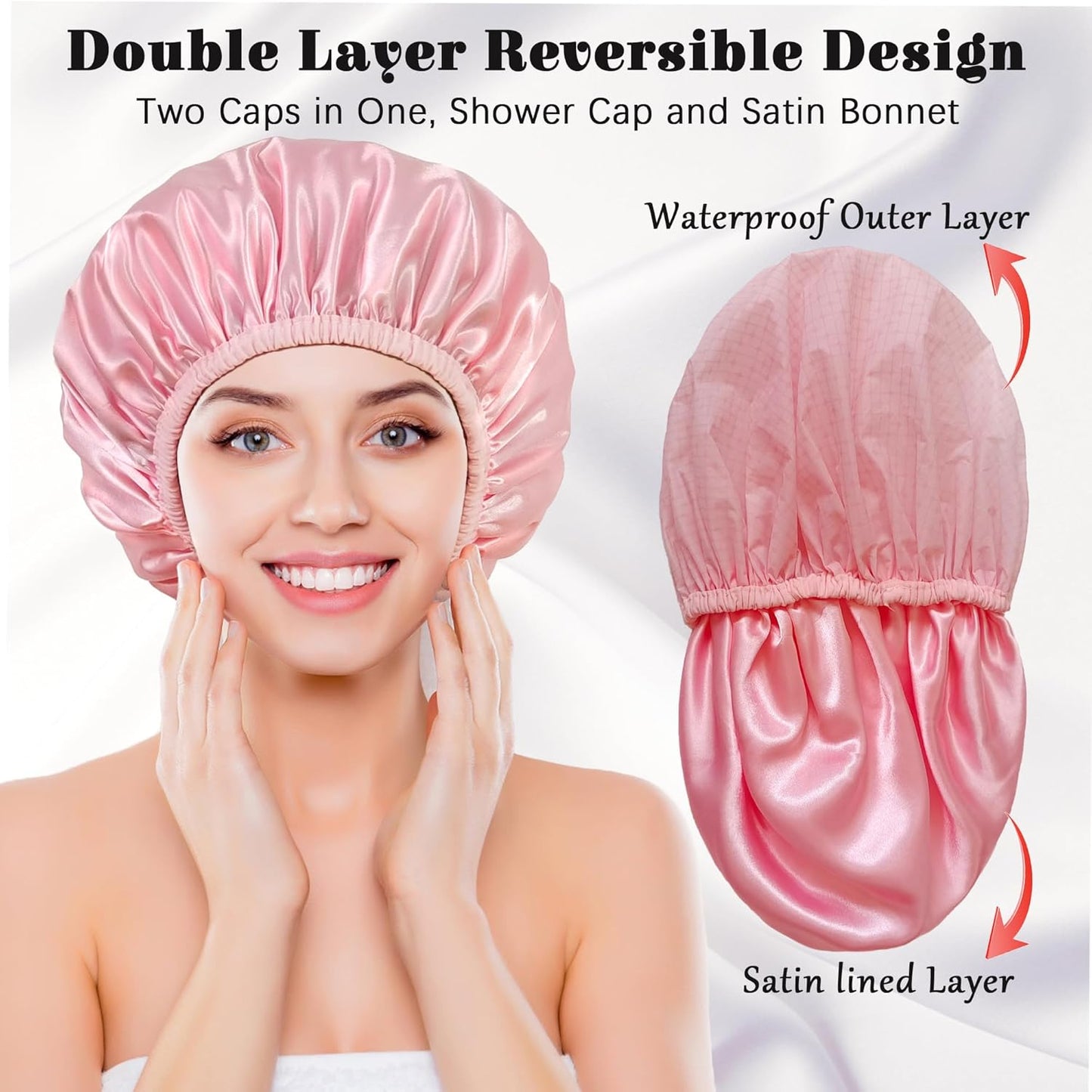 Shower Cap for Women, Shower Caps Reusable Waterproof, Large Plastic Satin Lined Shower Cap for Braids Long Hair