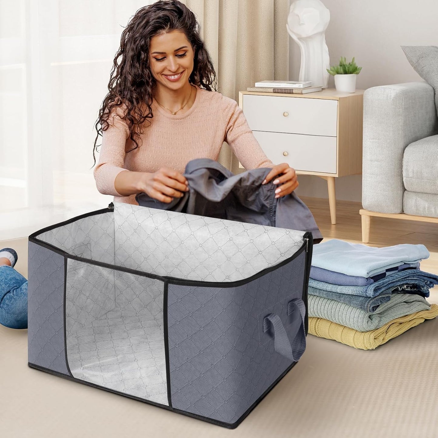 Fab totes 6 Pack Clothes Storage, Foldable Thick Fabric Blanket Storage Bags, Containers for Organizing Bedroom, Closet, Clothing, Comforter,Closet Organization with Handle,Grey