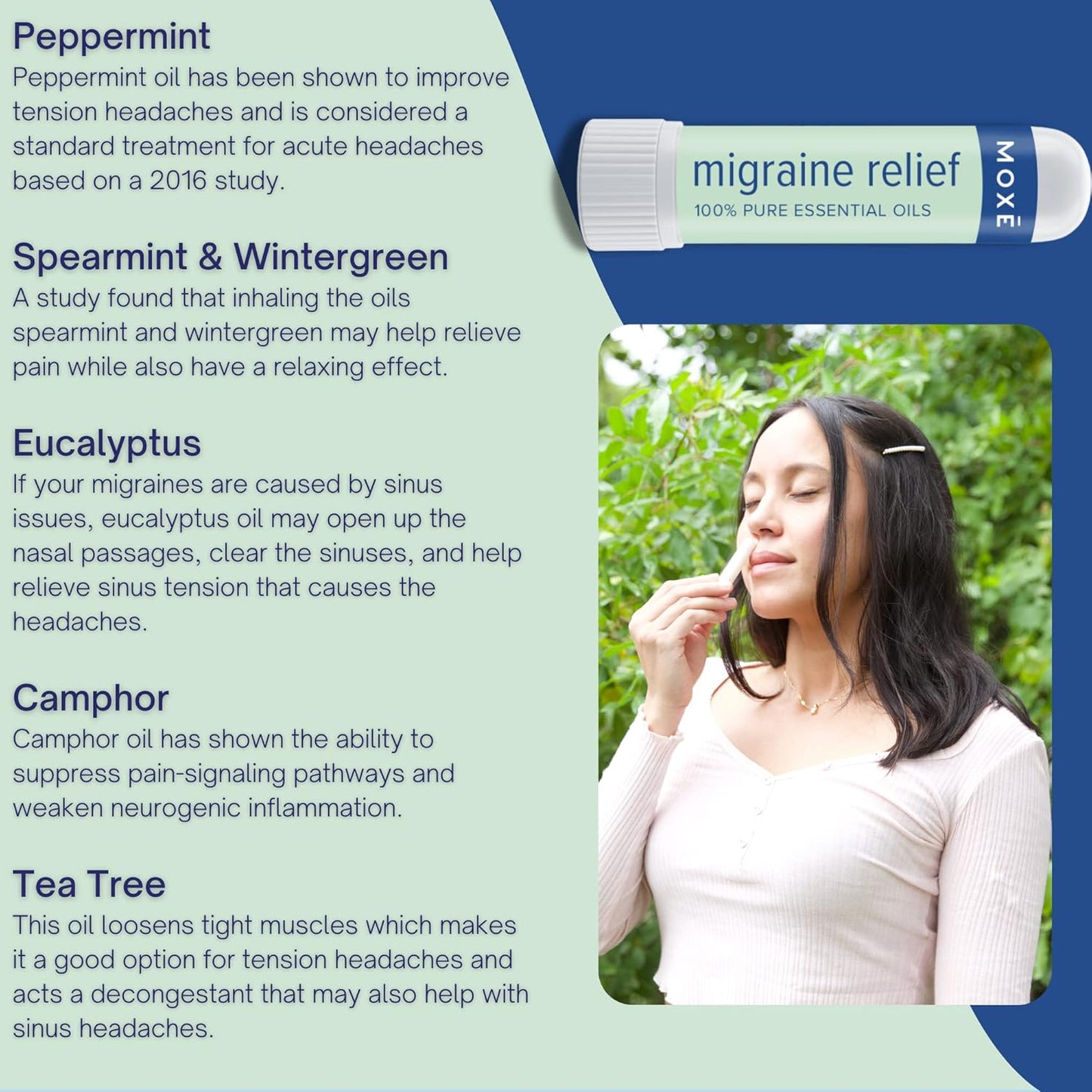 MOXE Migraine Relief Nasal Inhalers, Essential Oils for Headaches & Tension Relief, Portable Aromatherapy, Easy-to-Use, Pure & Undiluted, Peppermint, Spearmint, Eucalyptus, Tea Tree, USA Made, 3 Pack