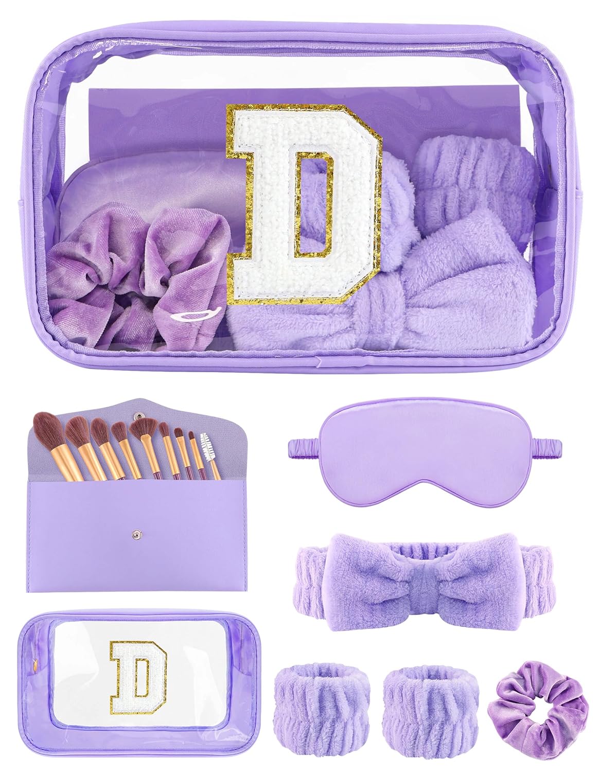 Gift Sets for Women, Initial Makeup Bag with Makeup Brush Set Bachelorette Party Favors, Purple Spa Kit with Skincare Headbands Wrist Bands Sleepover Party Supplies Gifts for Teen Girls Bridesmaid D