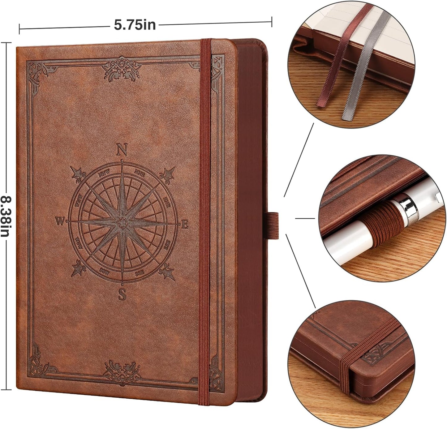 AHGXG Thick Journal Dotted Notebook for Men - 320 Numbered Pages A5 Notebook for Writing, 100gsm Dot Paper, Vintage Leather Hardcover, for Women Work Office School, 5.75'' X 8.38''- Brown