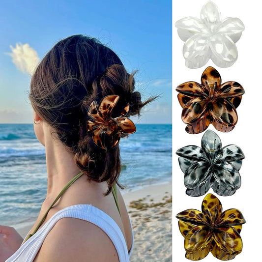 Flower Hair Claw Clips for Women, 4 Pack Hawaiian Flower Hair Clips, Plumeria Leopard-prints Claw Clips for Thick Thin Hair, Large Strong Hold Nonslip Hair Accessories for Women Girls (LP-4 Colors)