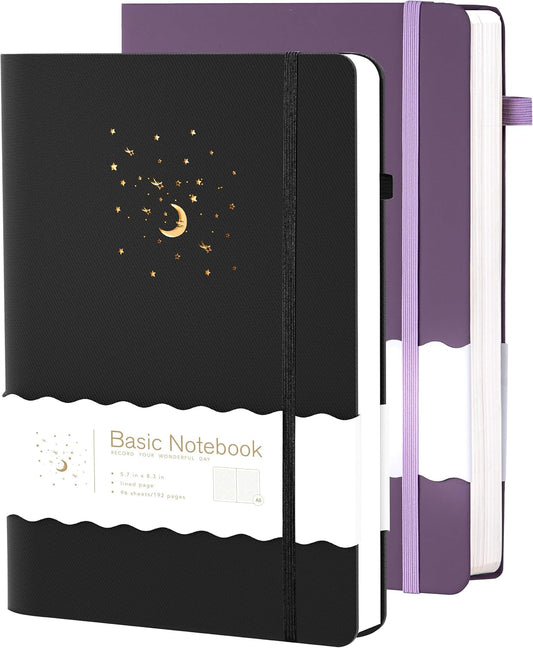 CAGIE 2 Pack Journals Notebook for Women Men, Hardcover Journaling Notebooks with Pen Loop, A5 Small Journal for Work Writing Note Taking Gifts, 5.7" x 8.3", Black& Purple