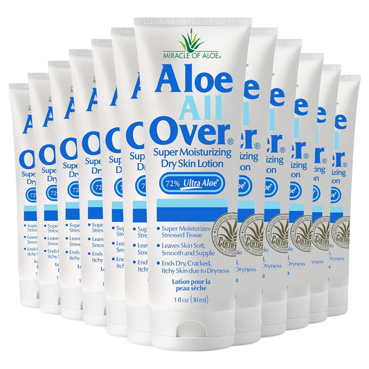 Miracle of Aloe Aloe All Over Super Moisturizing Dry Skin Lotion (12-Pack, 1 oz) - Made with 72% UltraAloe Aloe Vera Gel. Safe for Everyone: Men, Women, Kids. Restores Dry Skin Fast