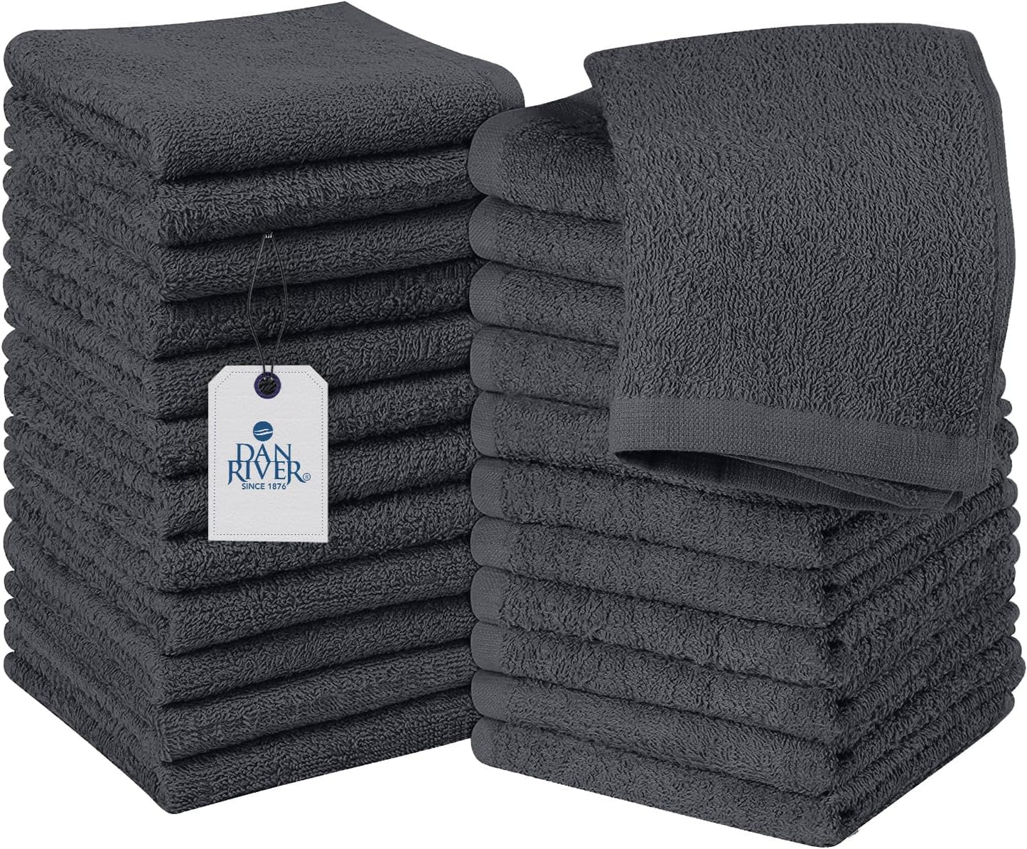 DAN RIVER 100% Cotton Wash Cloths 24 Pack [12x12] Soft & Absorbent wash Rags for Bathroom, Gym, Hotels & Spa Perfect for Everyday Use Fingertip Towels, Dark Gray
