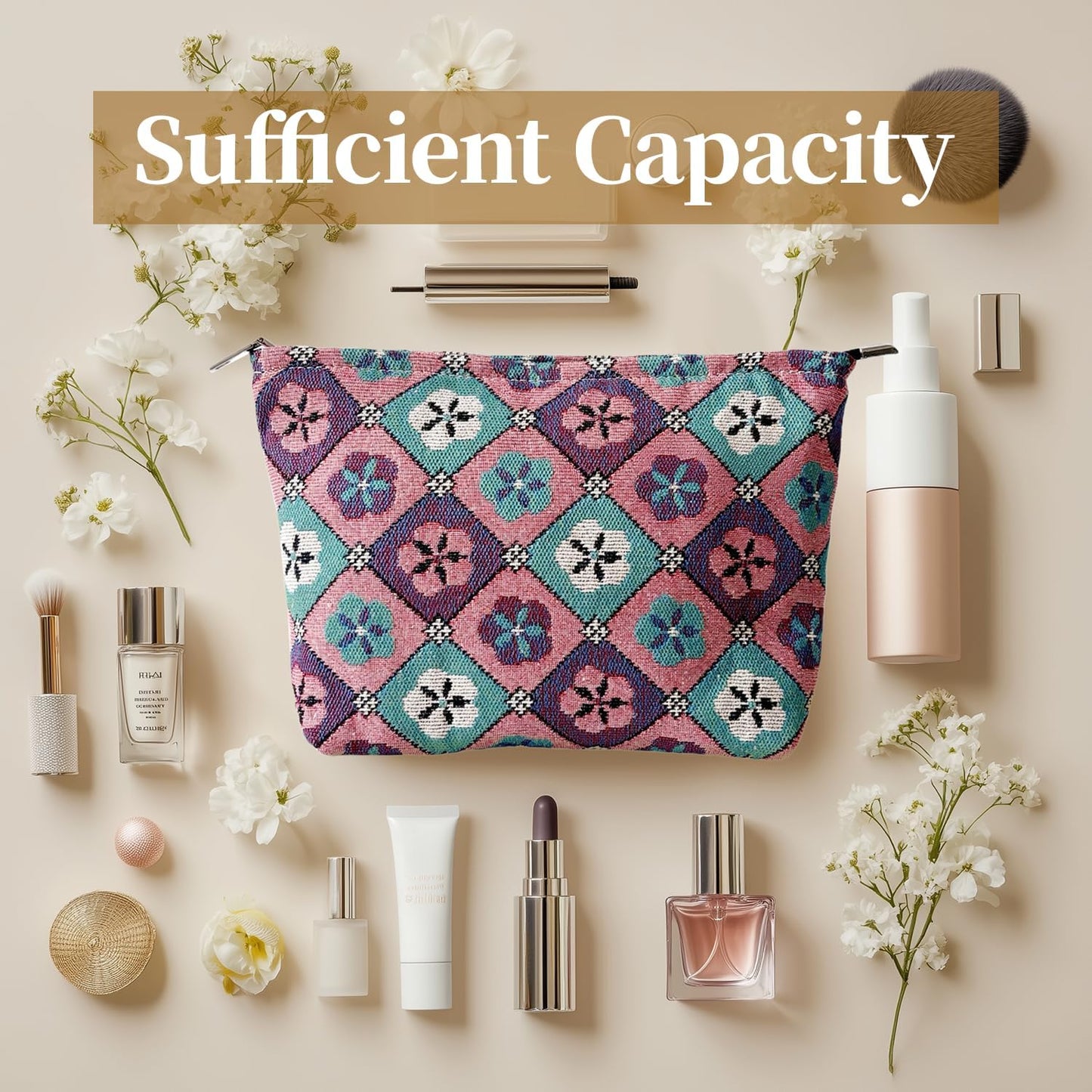 Diamond-shaped Flower Makeup Bag for Women, Canvas Cosmetic Bag with Zipper Lining, Travel Makeup Pouch for Purse, Small Pouch for Toiletry, Cosmetic, Sunscreen, Hygiene, Skincare, Medicine, Sunblock