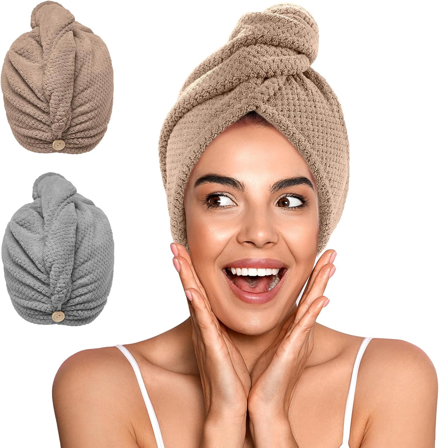 YFONG 2 Pack Microfiber Hair Towel Wrap for Women, Super Absorbent Quick Dry Hair Turban for All Hair Style Anti Frizz, Large Hair Drying Towel with Button