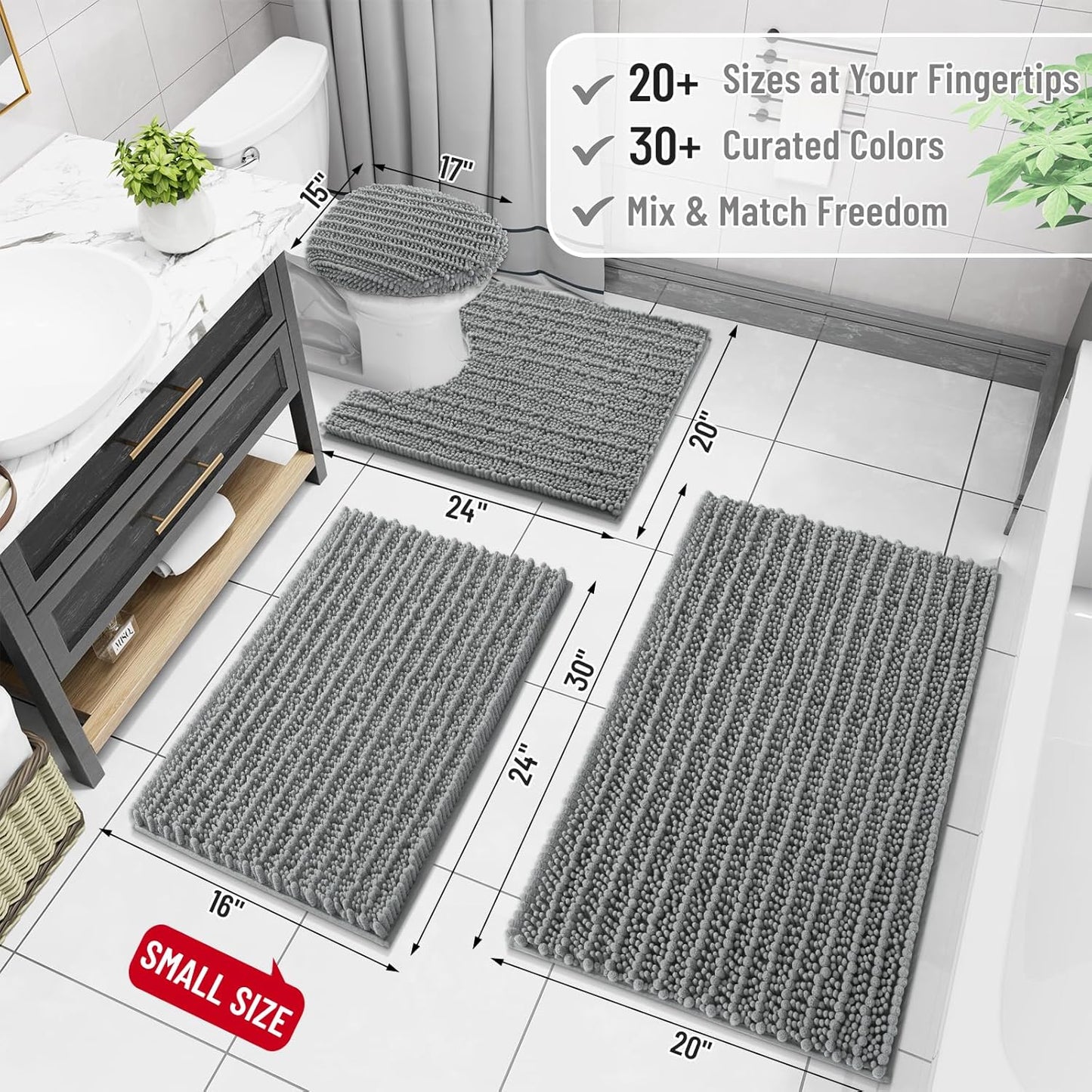 Arotive Luxury Chenille Bathroom Rug Mat, Extra Soft Thick Absorbent Shaggy Bath Rugs, Non-Slip Machine Wash Dry, Plush Bath Mats for Bathroom, Shower and Tub, 54x24, Grey