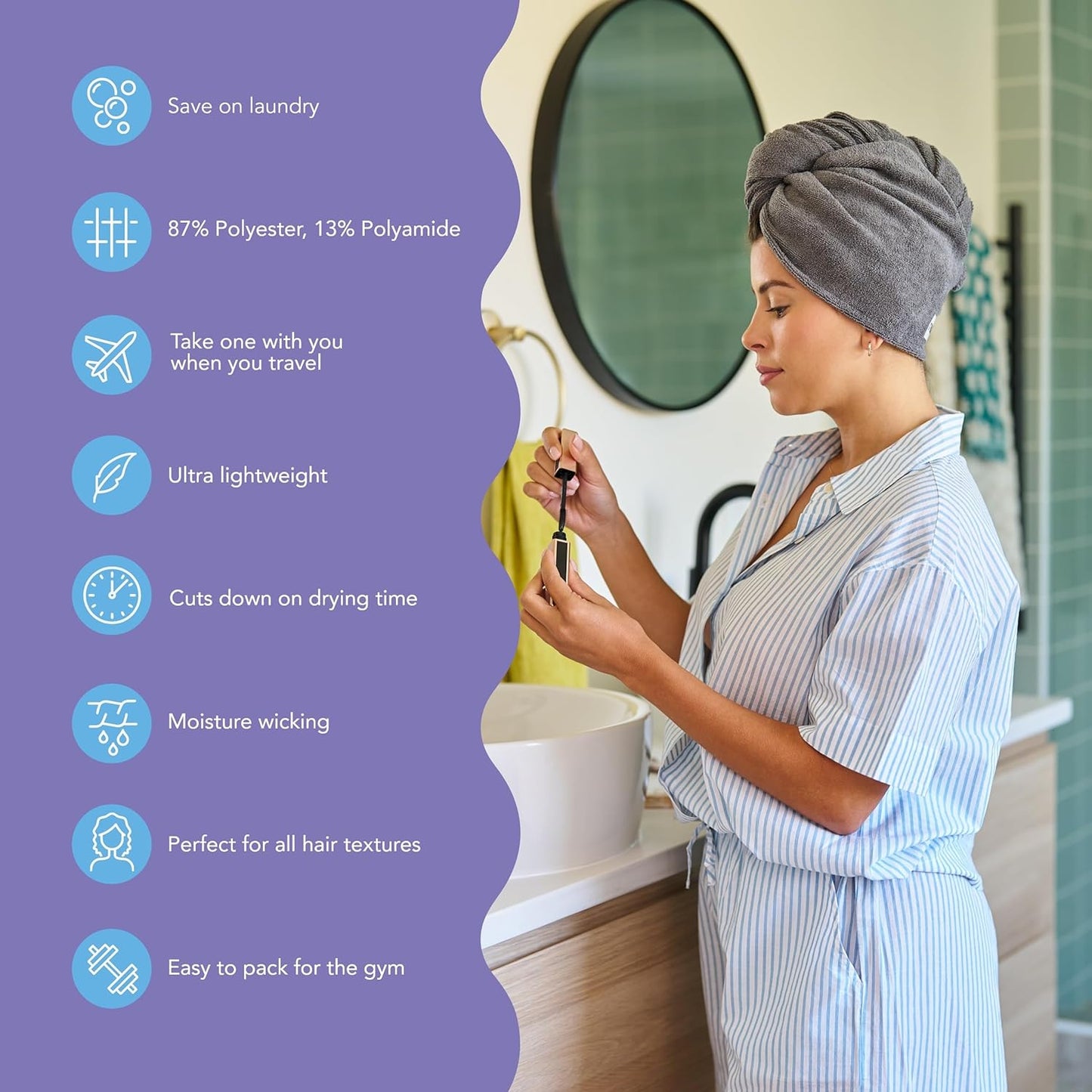 Turbie Twist 4-Pack Microfiber Hair Towel for Beauty, Travel, Gifting - Hair Wrap Turban for Straight, Wavy & Curly Hair - Premium Personal Care - Pink, Blue, Grey & White