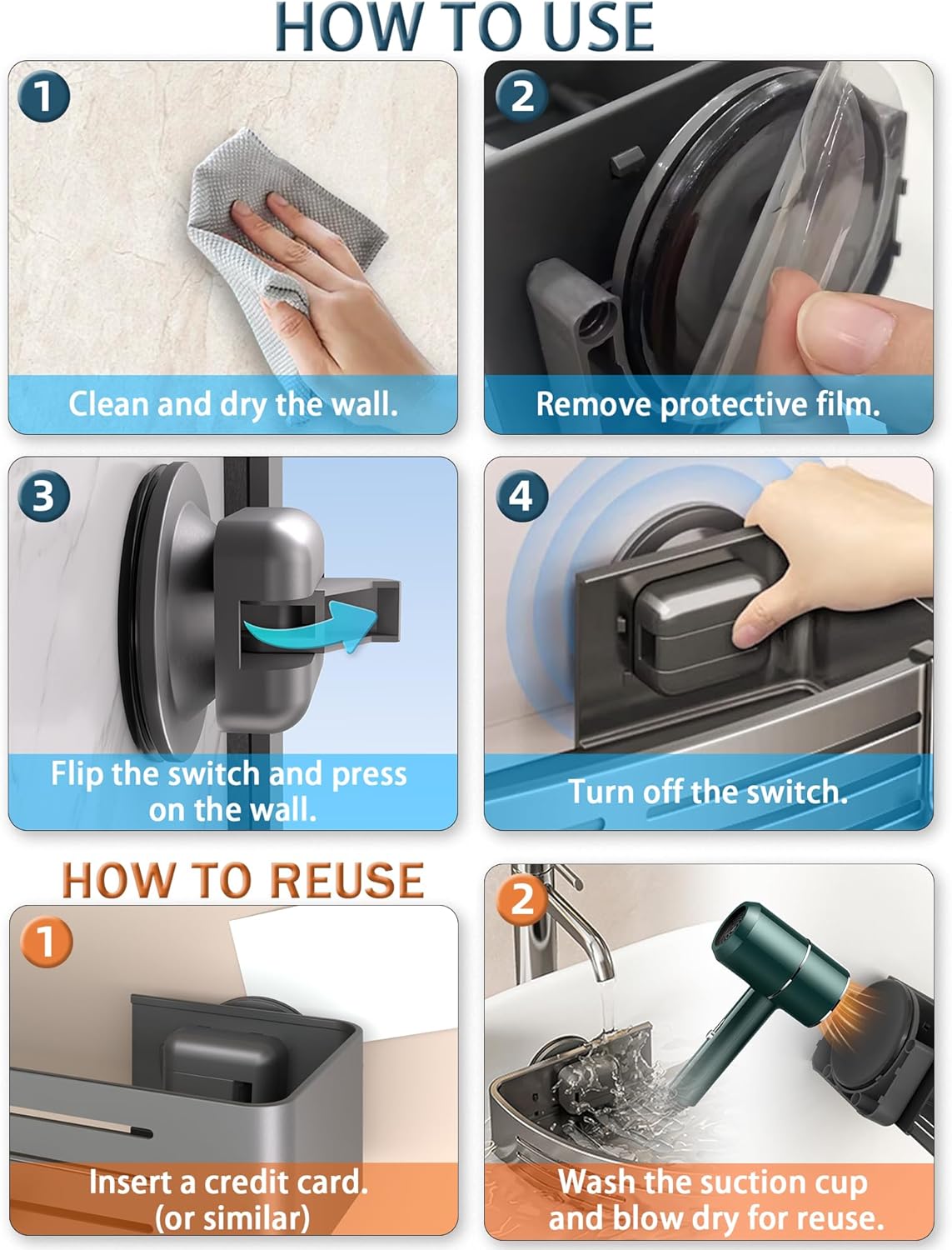 Onemake Shower Caddy Suction Cup, No Drilling Bathroom Shower Shelf, Corner Shower Caddy with 6 Portable Hooks, Removable Bath Organizer with Towel Bar for Bathroom Storage(Gray)