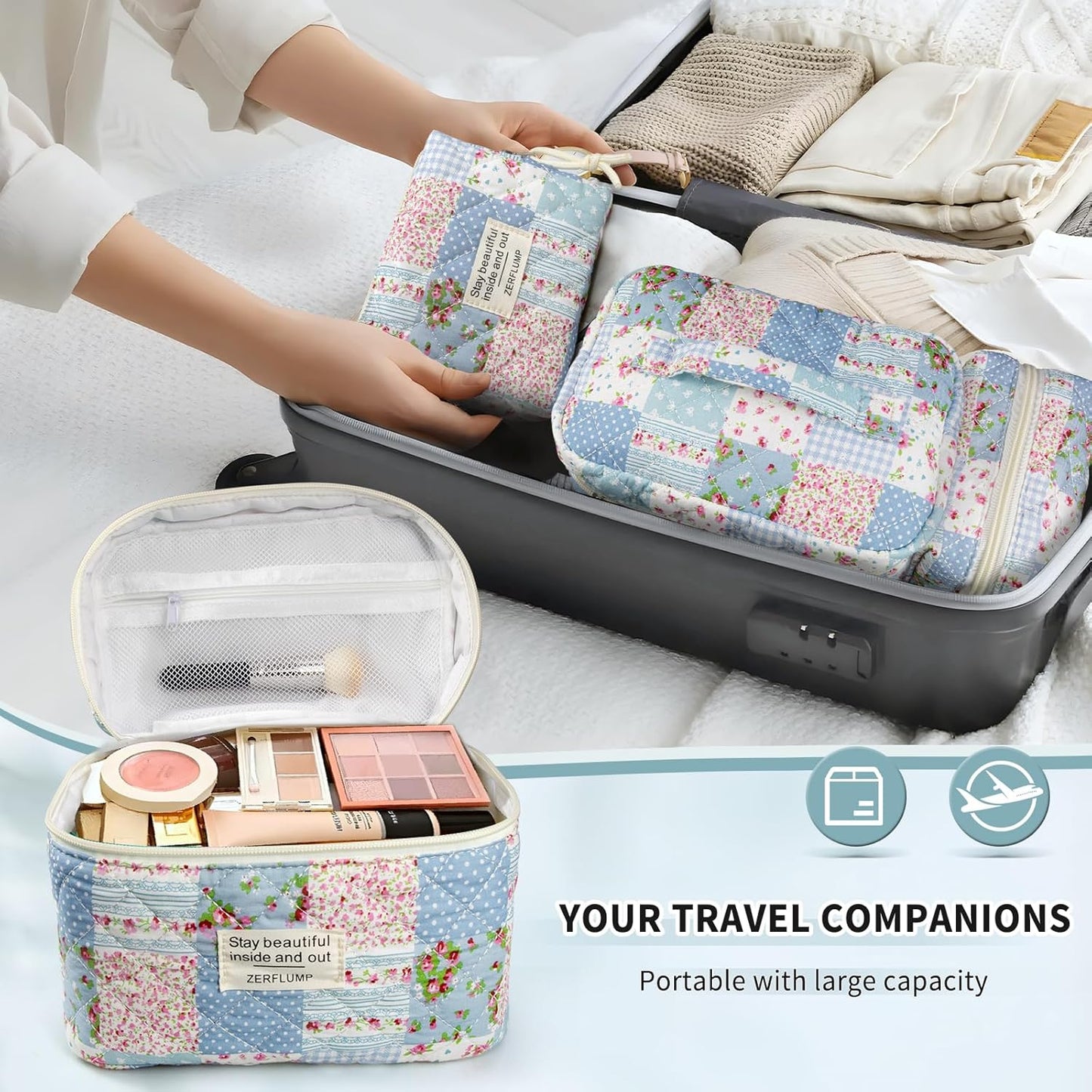 Cute Quilted Floral Makeup Bag(3Pcs)，Coquette Aesthetic Cosmetic Bag，Travel Toiletry Bags， Kawaii Aesthetic pouch for Women (64-GridRose)