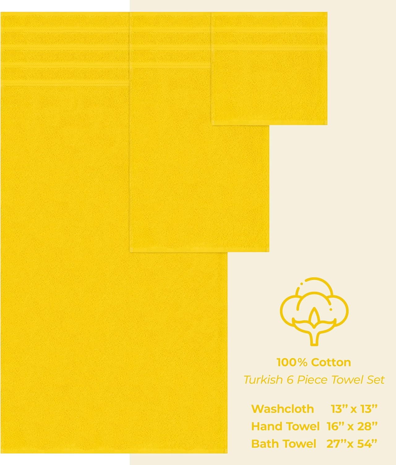 American Soft Linen Luxury 6 Piece Towel Set, 2 Bath Towels 2 Hand Towel 2 Washcloths, 600 GSM 100% Cotton Turkish Towels for Bathroom, Yellow Towel Sets