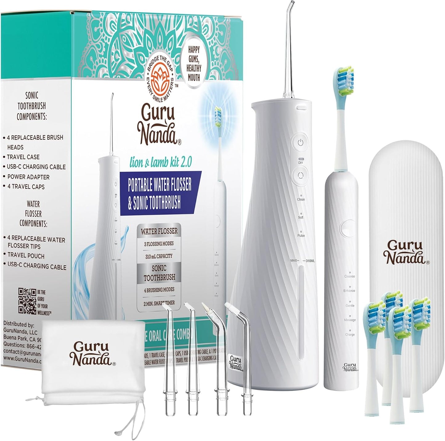 GuruNanda Lion & Lamb Kit 2.0, Electric Toothbrush with Water Flosser Combo, 4 Jet Tips, 4 Brush Heads, & IPX7 Waterproof Design for Complete Oral Care, White