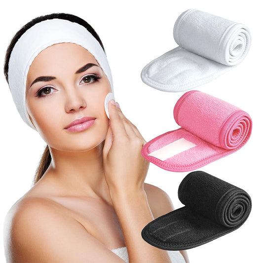 Denfany Spa Headband 3 Pack Ultra Soft Adjustable Face Wash Headband for Face Washing, Shower, Makeup and Sport (Black+White+Pink)