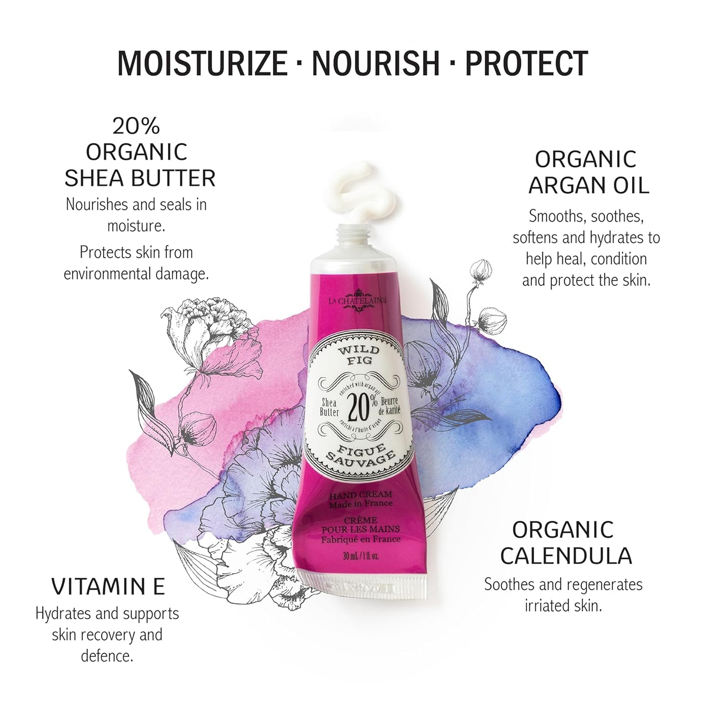 La Chatelaine 20% Shea Butter Hand Cream Travel Size, Organic Argan Oil, Moisturizing, Nourishing, Repairing, Extra-Rich Hand Lotion, Made in France, Paraben Free, 1 oz / 30ml (Wild Fig)