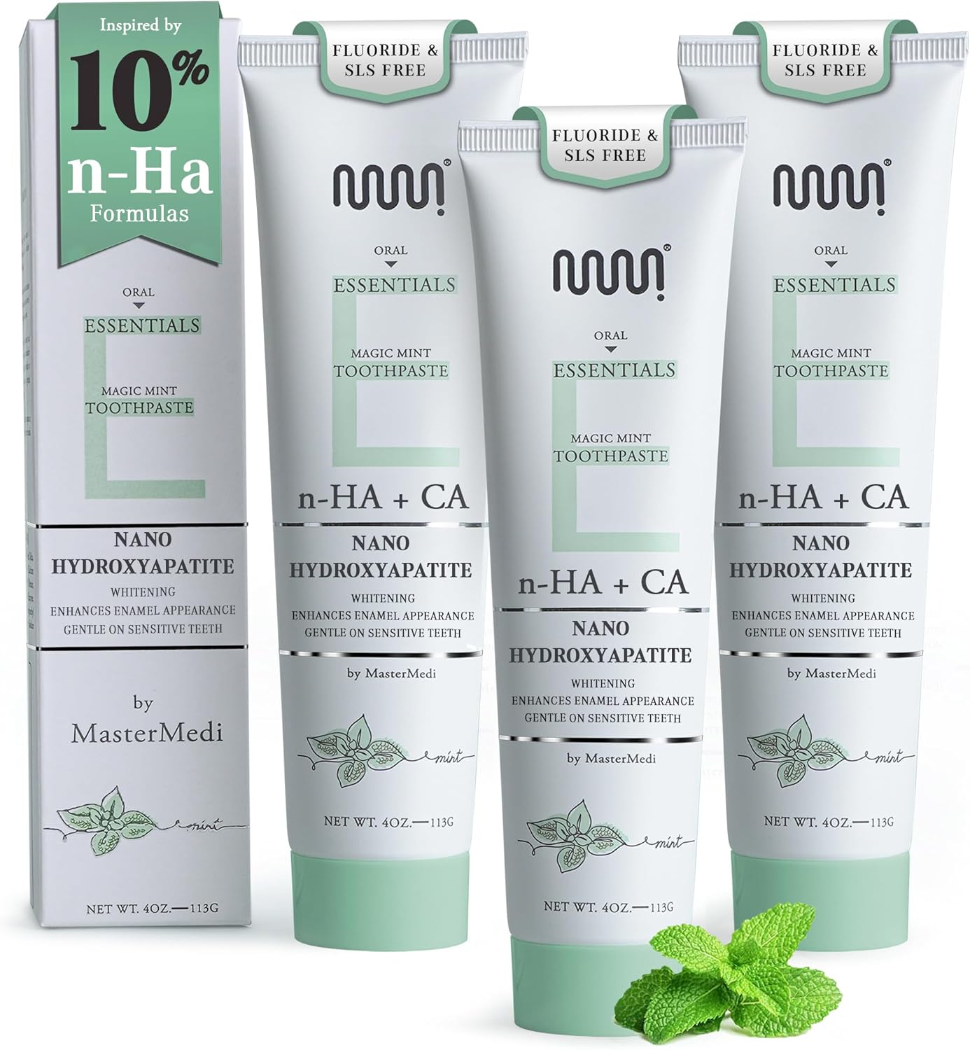 MasterMedi Nano Hydroxyapatite Toothpaste (Inspired by 10% nHA Formulas), Fluoride-Free, Whitening, Sensitive Teeth Care, Enamel Support, SLS Free, Xylitol, Magic Mint, 4 Oz (Pack of 3)