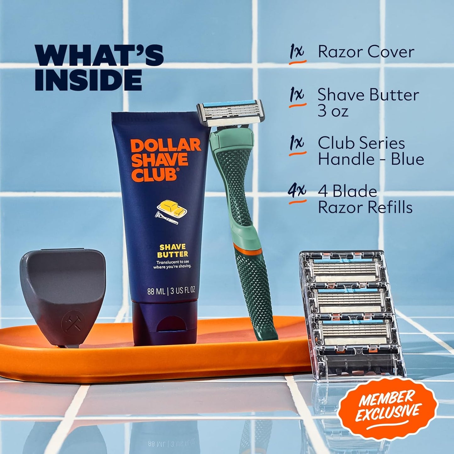 Dollar Shave Club | The Member Exclusive Shave Set | 4 Swift Rinse Refill Cartridges, 1 Handle (Green), 1 Shave Butter 3 ounce, 1 Razor Cover, Razors for Men