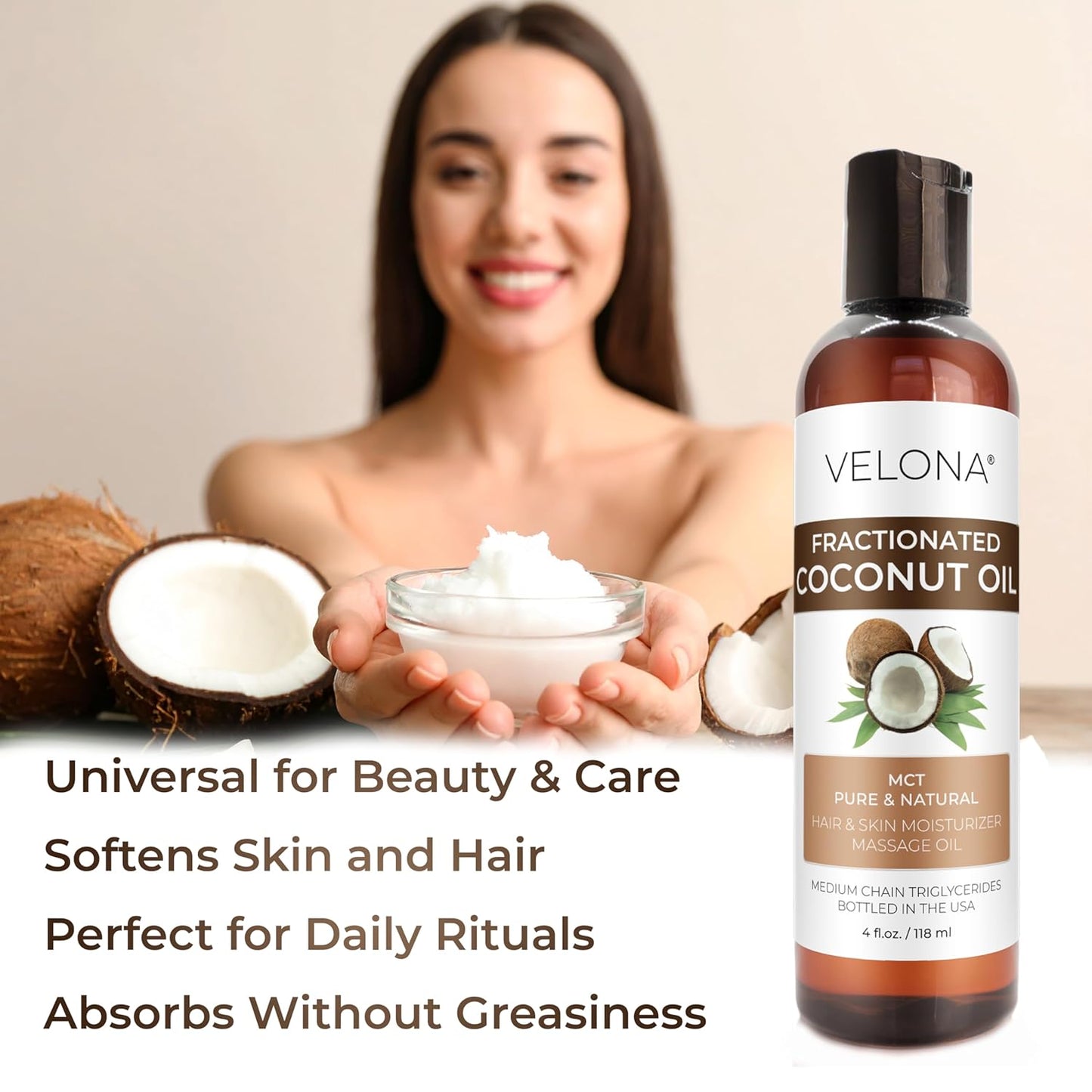 velona MCT Coconut Oil 4 Fl Oz | 100% Pure and Natural Carrier Oil | Fractionated | Skin, Face, Body, Hair Care | Use Today - Enjoy Results