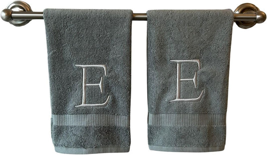 Gray Initial Hand Towel for Bathroom - Monogrammed Luxury Hotel Quality Decorative Embroidered Towel for Powder Room, Spa - GOTS Organic Certified - Set of 2 Silver Letter E