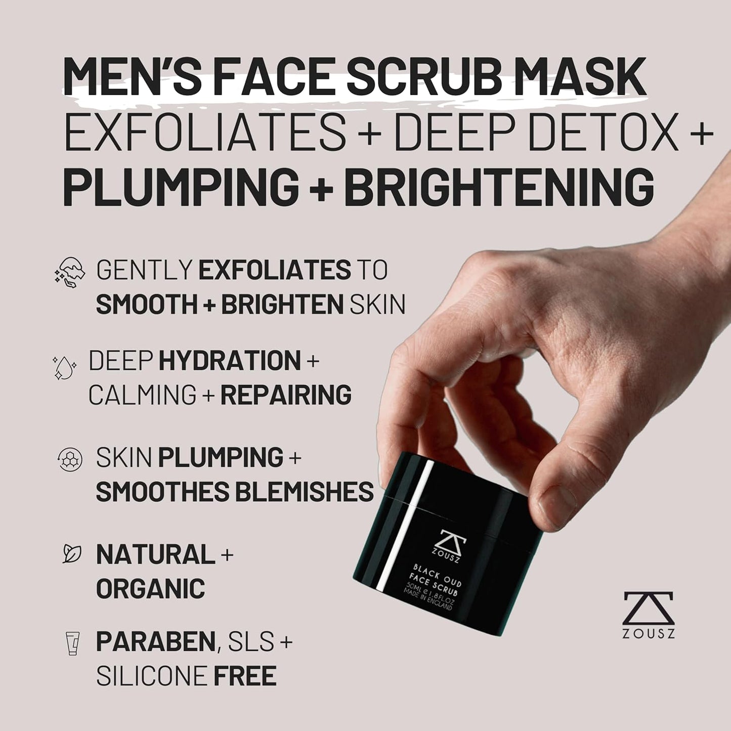 ZOUSZ Black Oud Charcoal Men’s Face Scrub & Mask – Deep Cleansing Exfoliating Clay Face Wash with Activated Charcoal, Salicylic Acid & Hyaluronic Acid – Clears Pores & Revives Skin – 50ml