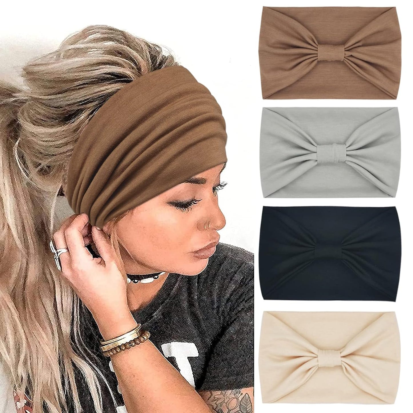 Wide Boho Headbands for Women Fashion Knotted Headband Yoga Workout Hair Accessories African Head Wrap 4 Pack