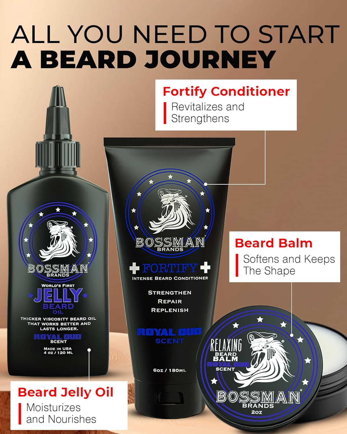 Bossman Essentials Beard Kit for Men, Set of 3 - Beard Oil Jelly, Fortifying Conditioner Cream, Beard Balm - Grooming Growth Care Accessories - Gift Set for Men (Stagecoach)