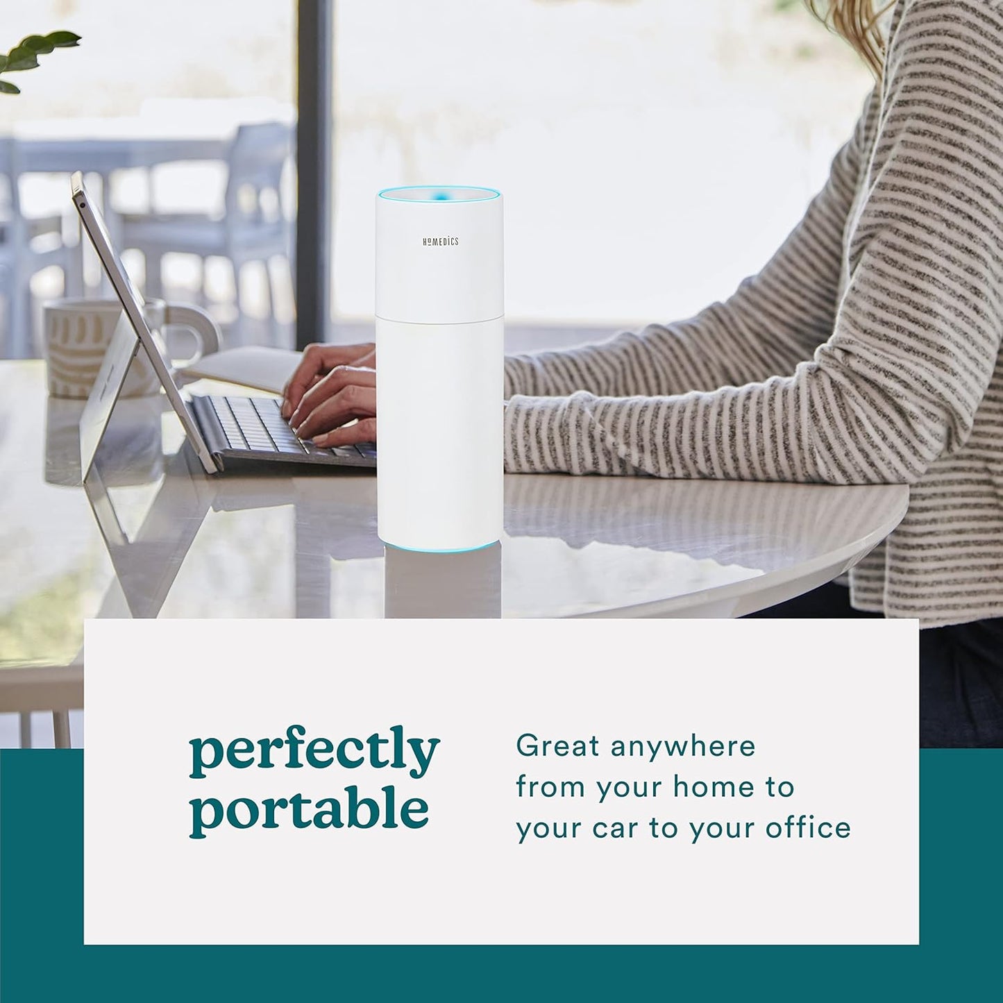 Homedics Portable Humidifier - Small Air Humidifiers for Bedroom, Plants, Office, Travel - Cool Mist Humidifiers, Color-Changing Accent Light, 2 Mist Settings, White