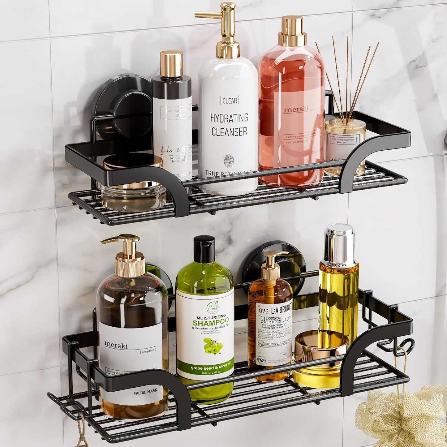 LEVERLOC Shower Caddy Suction Cup, 2 Pack Shower Shelves for Inside, Black Rustproof Metal Bathroom Storage NO-Drilling Bathroom Organizer with Large Capacity, Heavy Duty Storage Basket