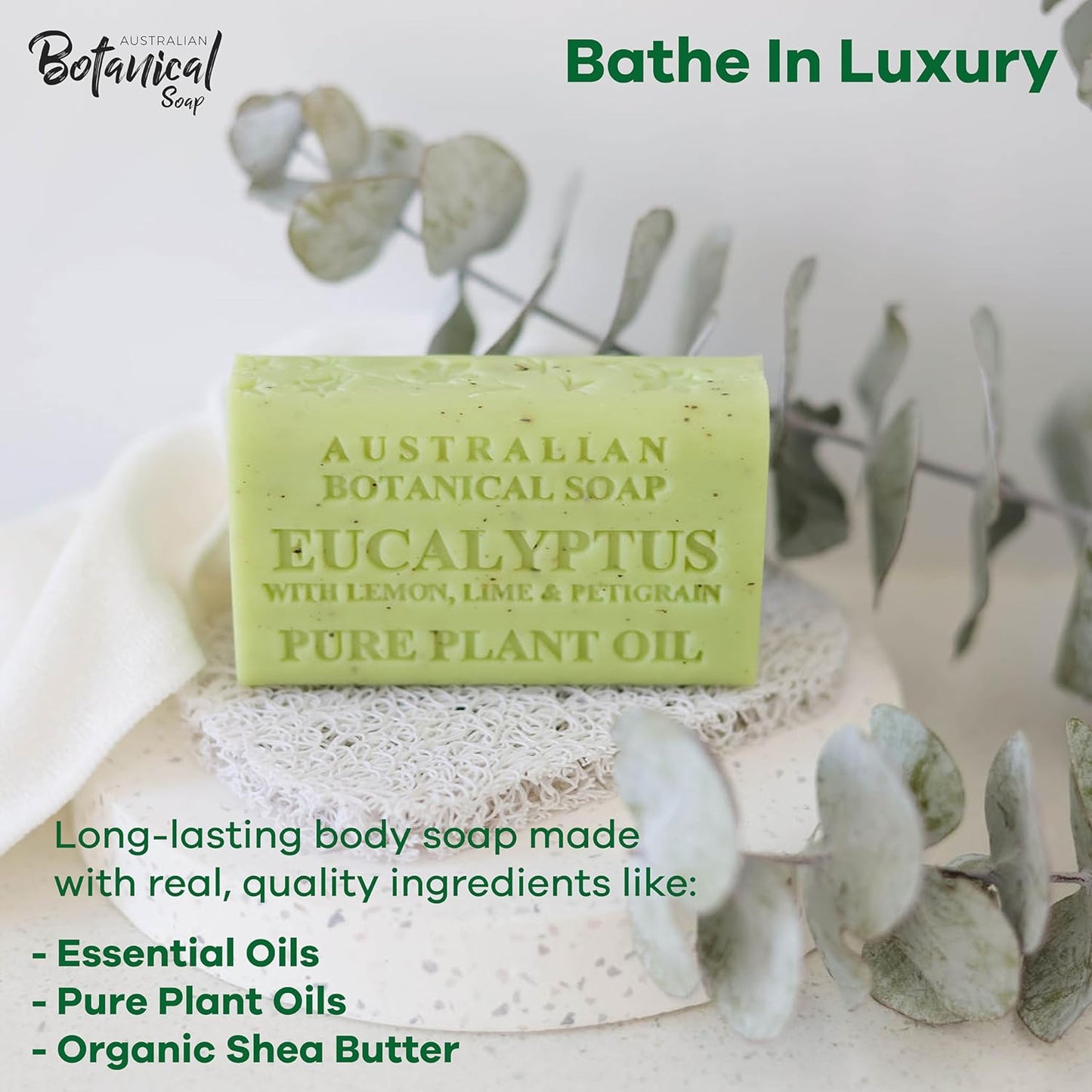 Australian Botanical Soap Eucalyptus with Lemon Lime and Petitgrain 6.6 oz Triple Milled Luxury Soap Bar Enriched with Shea Butter and Natural Oils, Pack of 1