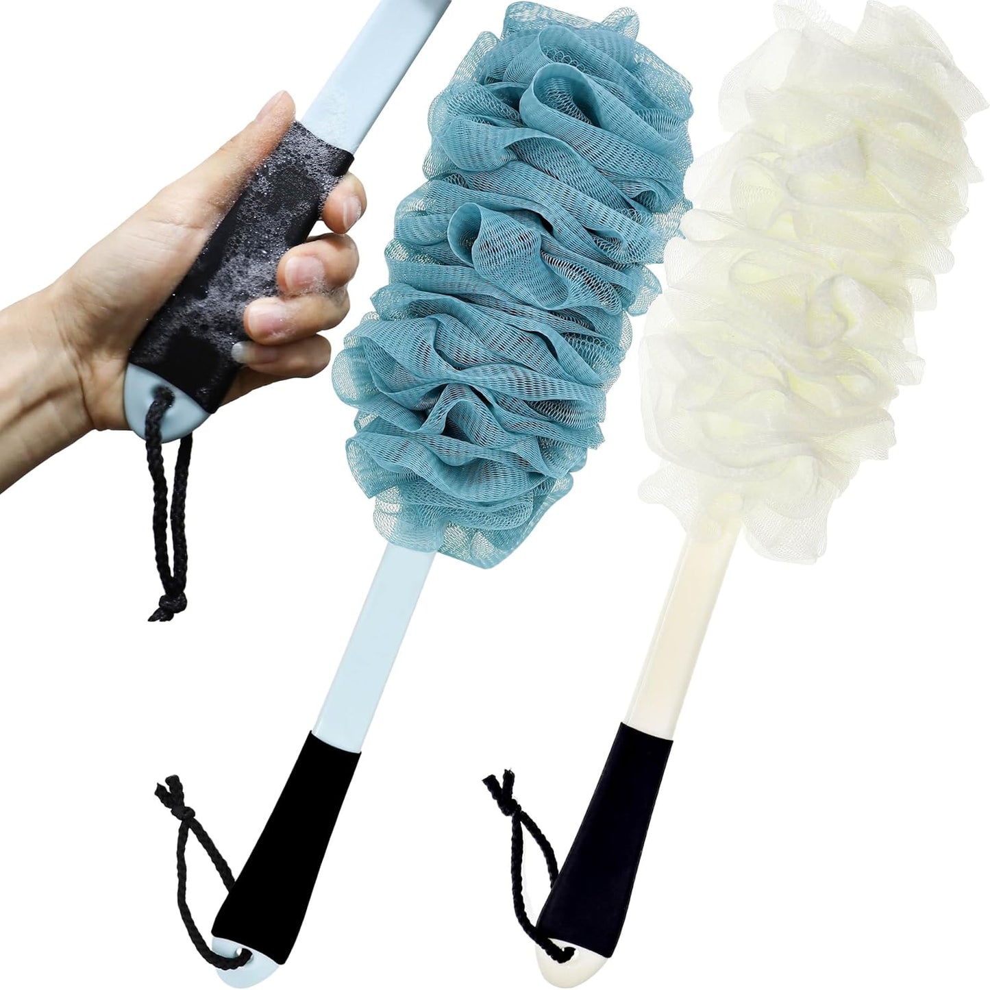 2Pack Back Scrubber for Shower, Loofah with Handle, Back Loofah Non-Slip Handle, Bath Body Brush, Scrub Cleaning Brush for Shower, Soft Mesh Sponge On a Stick for Men Women Elderly (Blue and White)
