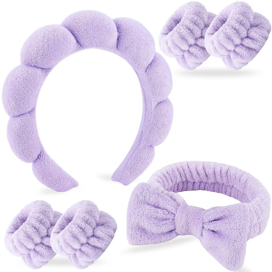 Zkptops 6Pcs Spa Headband for Washing Face Wristbands Set Women Bubble Skincare Makeup Sponge Terry Cloth Padded Puffy Headband Bow Tie Hairband Cute Non Slip Thick Hair Accessory Gifts (Purple)