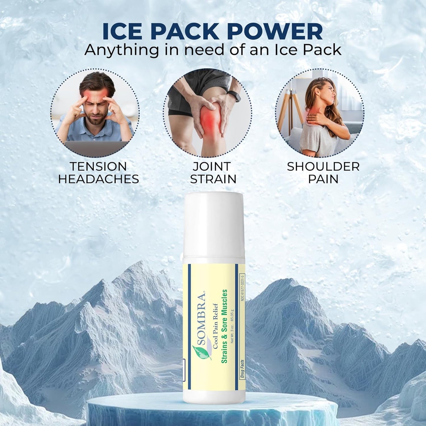 Sombra Cool Pain Relief Gel Cold Pain Relief for Swelling, Growing Pains, Soreness, Post-Workout, Vegan Formula Free of Artificial Fragrances, Dyes, NSAID, Wax, Petroleum, Alcohol - 3oz Roll-On