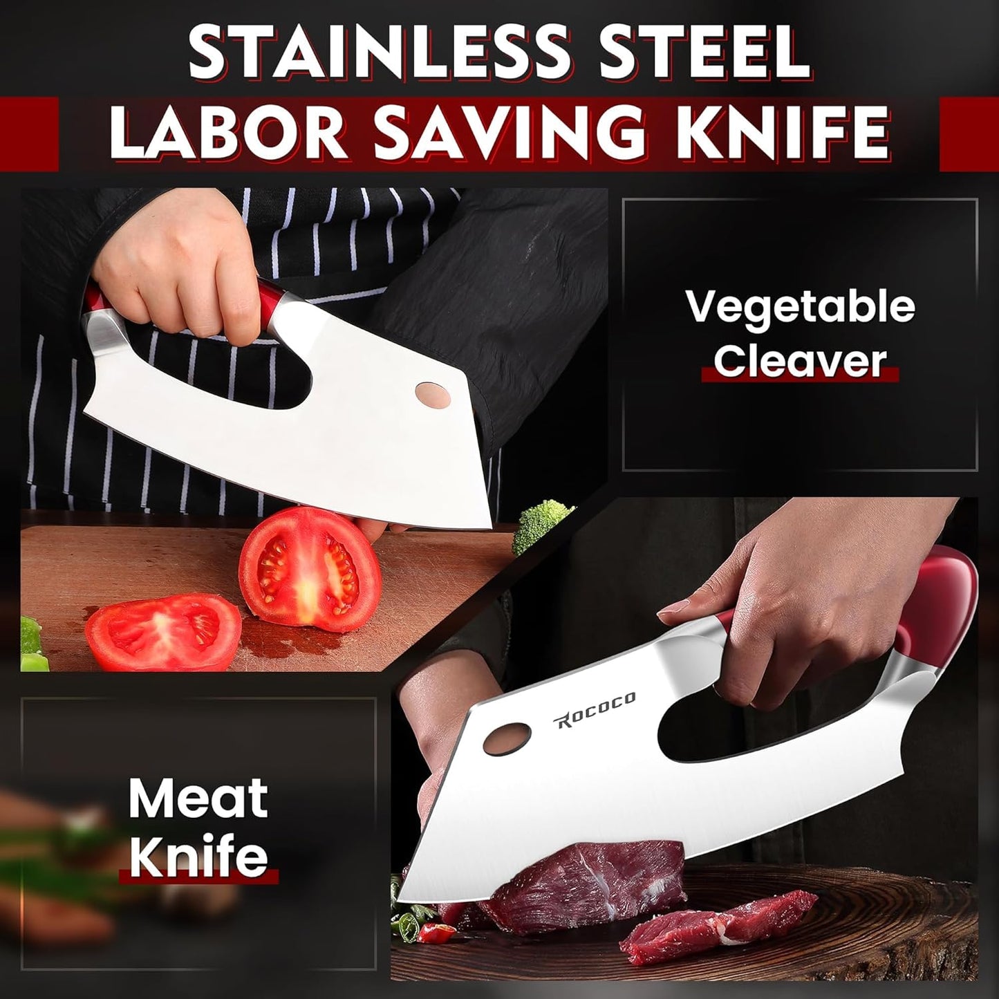 ROCOCO Meat Cleaver Knife Unique Effort Saving Kitchen Knife Professional Stainless Steel Chef Cooking Knives for Cutting Meat Vegetable Father Mother Christmas Gift Red
