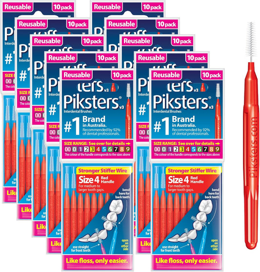Piksters Interdental Brushes, Size 4, 100 Count (10 x 10 Packs), Interdental Tooth Brush for Medium to Large Gaps, Gum Soft Bristles for Plaque Removal, Safe for Braces (100 pk)