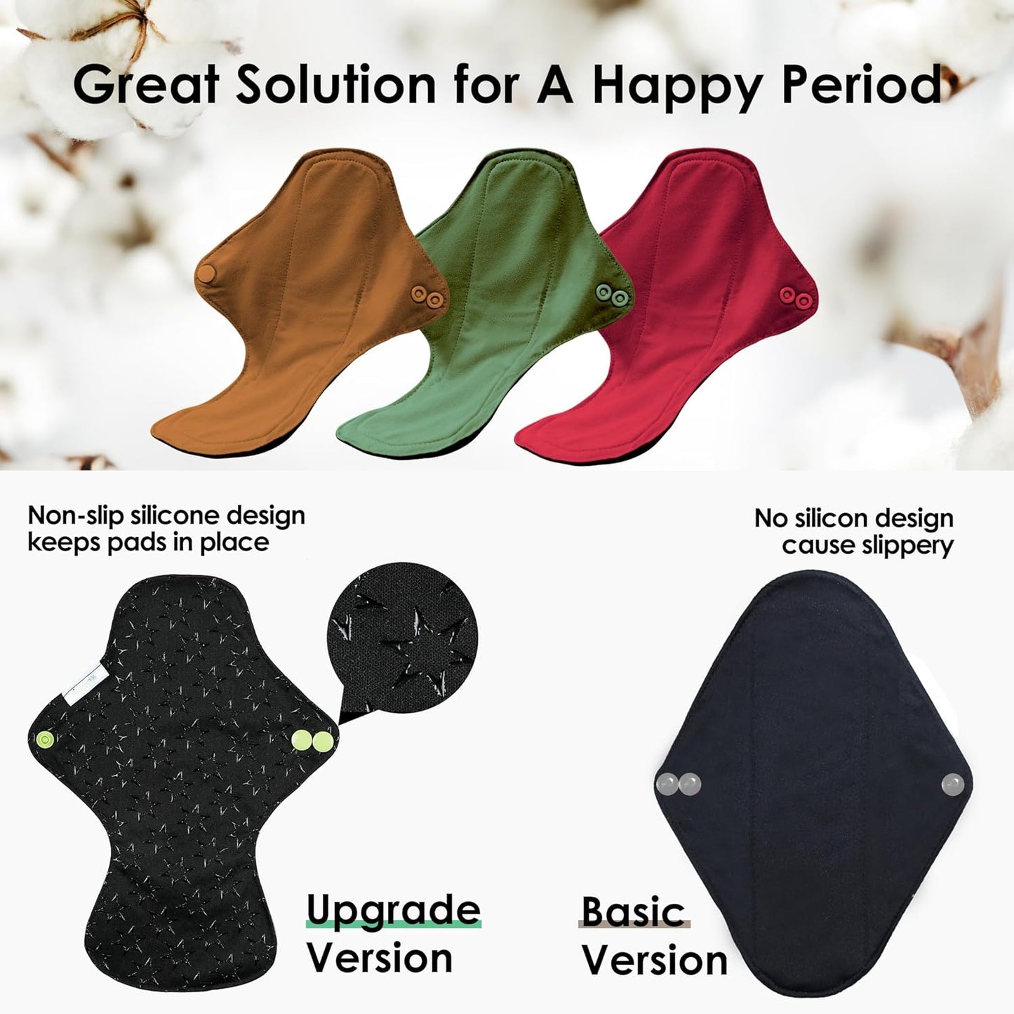 wegreeco 6 Pcs Reusable Menstrual Pads, Ultra Absorbent Cloth Pads for Light/Heavy Flow, Sanitary for Teens, Women, Nonslip Panty Liners + Bag (Aqua, Burgundy, Coffee, L)