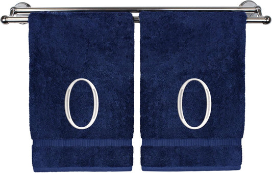 Monogrammed Hand Towel, Personalized Initial Gift, Extra Absorbent 100% Turkish Cotton - Soft Terry Finish - Set of 2 - White Block Initial O - Embroidered on Navy Blue Towels