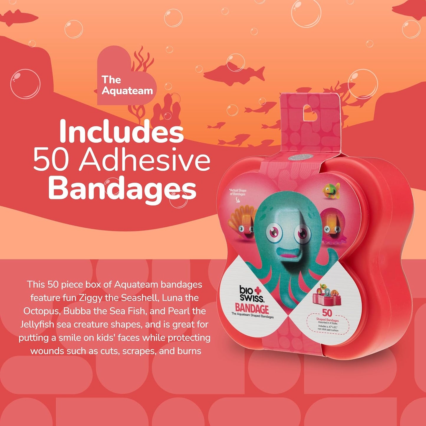BioSwiss Kids Bandages, Aquateam Sea Creatures Shaped Self Adhesive Bandage Set, Latex Free, Sterile Wound Care, 50 Count