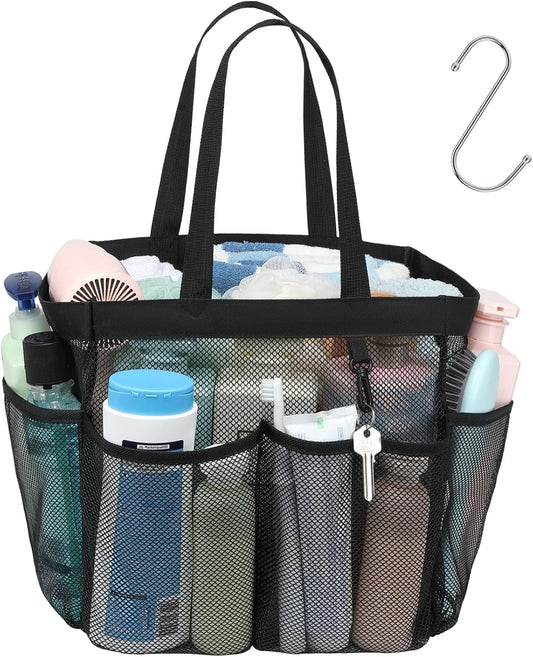 F-color Mesh Shower Caddy Portable, 8.3" Deeper Pockets Large Shower Caddy Bathroom Caddy for College Dorm Room Bathroom Essentials, 2 Handles Shower Bag Tote for Gym Rv, Camp with S Hook, Black