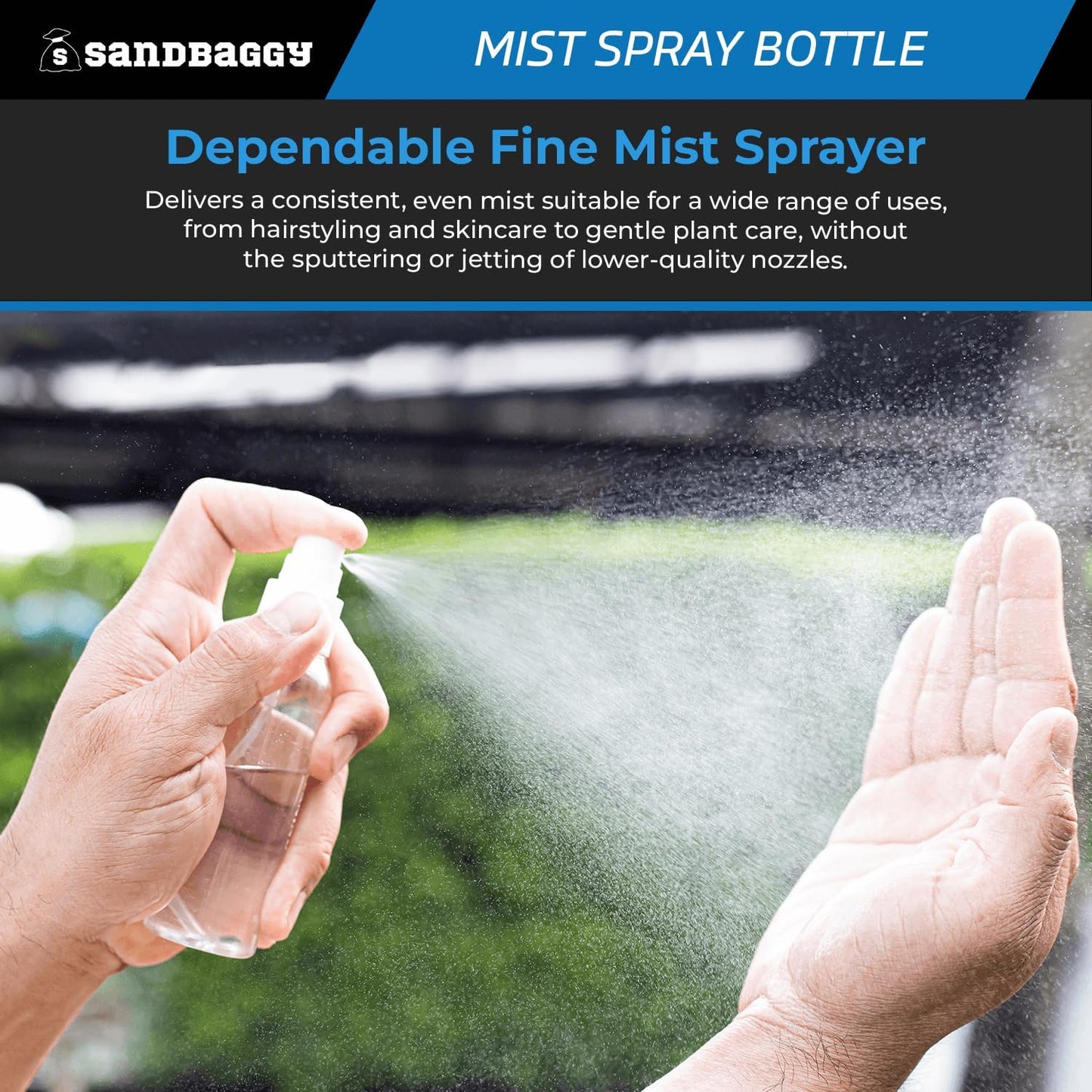 Sandbaggy 2 oz Plastic Spray Bottle | Fine Mist Sprayer | Clear, Transparent, Cylinder Shape | BPA Free (1500)