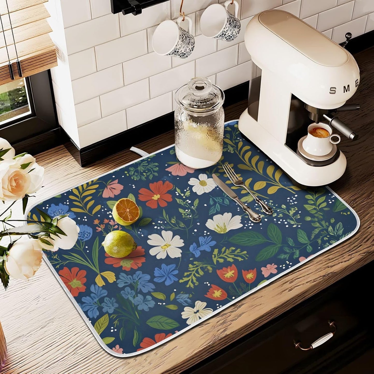 Wildflowers Dark Blue Dish Drying Mats for Kitchen Counter, 18x24 inch Drying Dishes Absorbent Microfiber Dish Drainer Mat Rack Pad Fast Dry