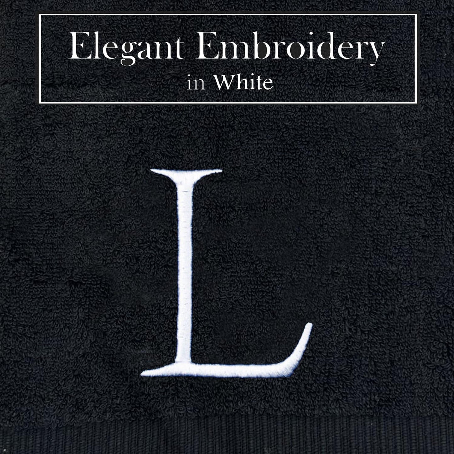 Black Bathroom Hand Towel - Monogrammed Luxury Hotel Quality Decorative Embroidered Towel for Powder Room, Spa - GOTS Organic Certified - Set of 2 White Letter L