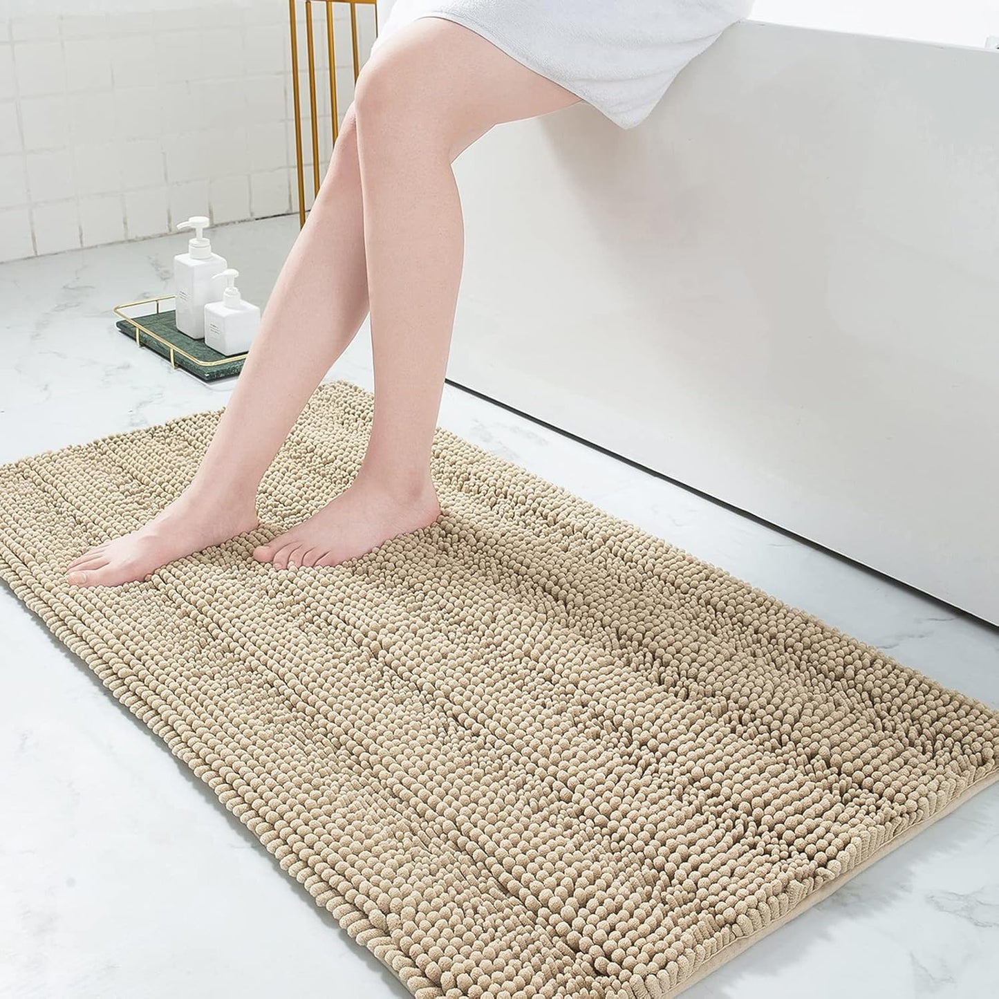 Grandaily Chenille Striped Bathroom Rugs 47x24, Extra Thick and Absorbent Bath Mats, Non-Slip Soft Plush Shaggy Shower Carpet, Machine Wash Dry, Bath Rug for Bathroom, Beige