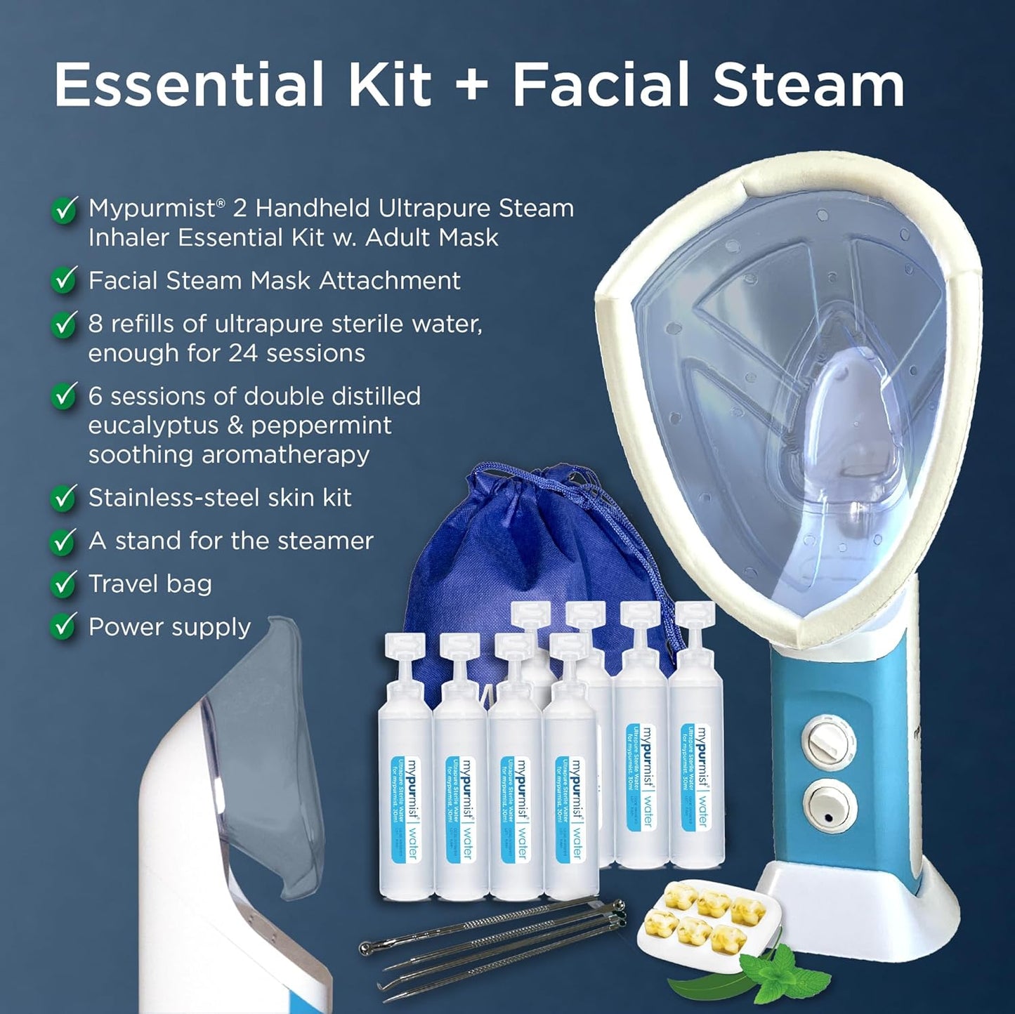 Mypurmist® Essential Kit Plus Facial Steam - Steam Inhaler & Facial Steamer Combo, Personal Handheld Ultrapure Steam - Sinus Congestion Cold Cough Relief Vocal Care Skincare (Plug-in)