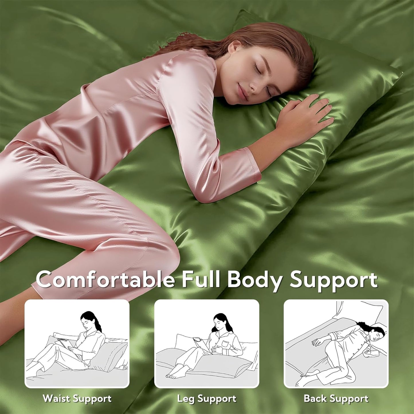 MR&HM Satin Body Pillow Cover, Soft and Breathable Body Pillow Case with Envelope Closure, Cooling and Silky Long Pillowcase for Hair and Skin,Grey (20x54, Sage)