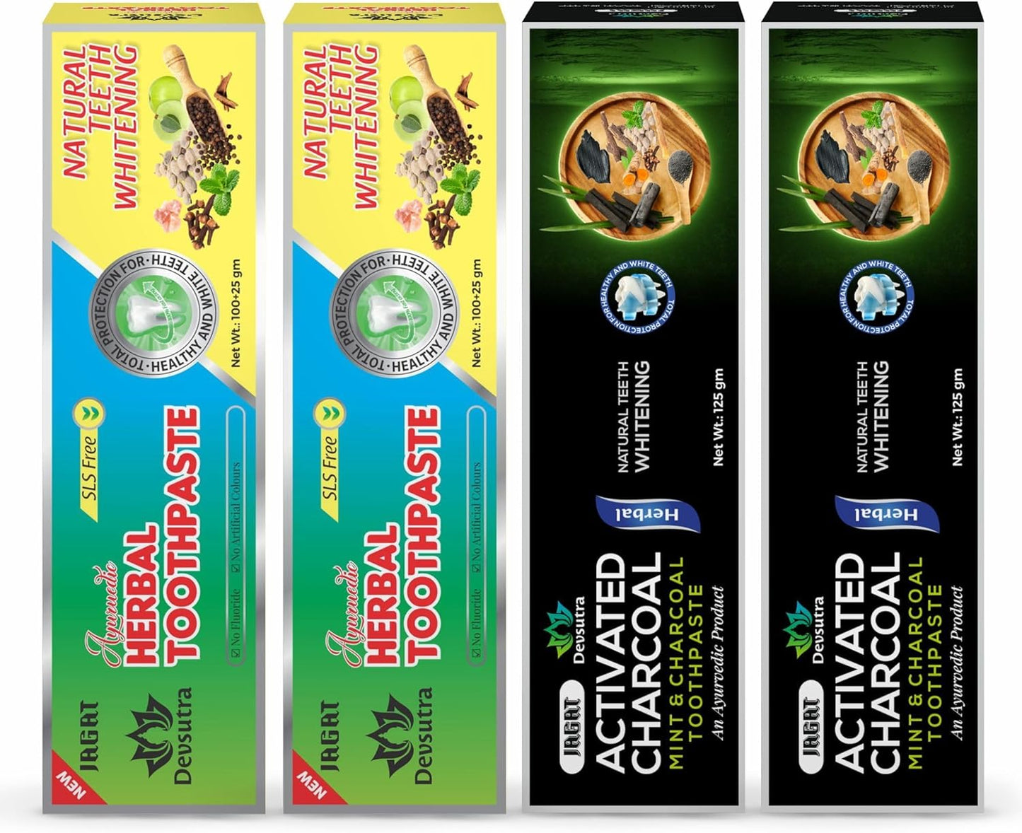 Jagat Devsutra Activated Charcoal & Fresh Mint Toothpaste | Doctor Recommended Ayurvedic, Organic & Herbal | 100% Natural Teeth Whitening, No Fluoride & Artificial Colors, Gum Cure, Vegan - Pack of 4