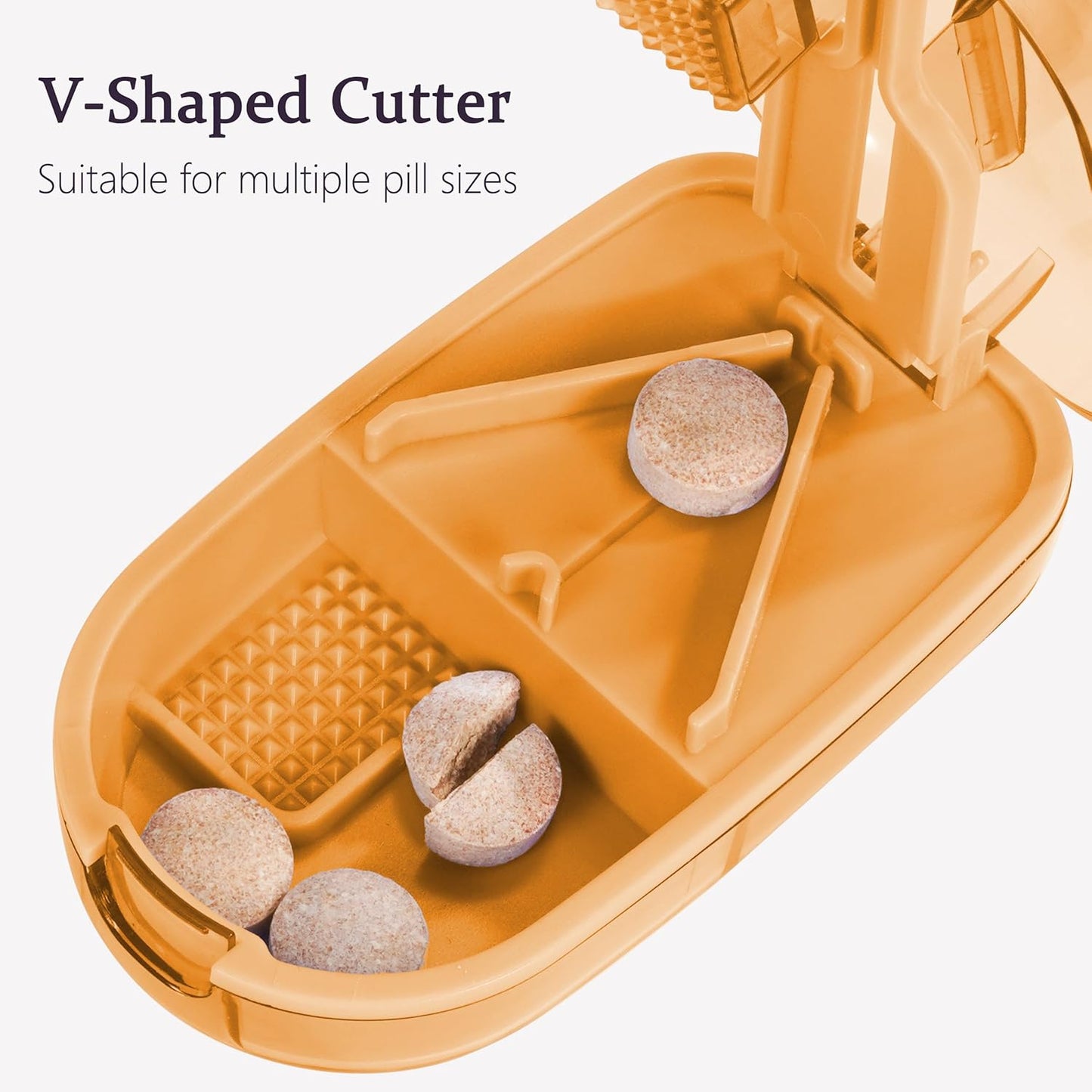Pill Cutter Splitter for Small and Tiny Pills, or Large Pills. V-Shaped Design for Multiple Sizes. Safety Blade Guard. Loss-Proof Built-in Small Brush & Sliding Door Pill Storage (Khaki)