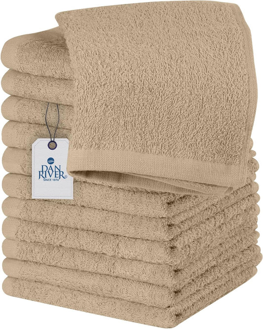 DAN RIVER 100% Cotton Wash Cloths 12 Pack [12x12] Soft & Absorbent washrags, Gym, Hotels & Spa Perfect for Everyday Use Fingertip Towels,Tan