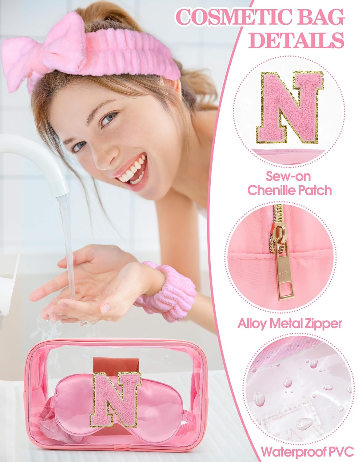 Gift Sets for Women, Initial Makeup Bag with Makeup Brush Set Bachelorette Party Favors, Pink Spa Kit with Skincare Headbands Wrist Bands Sleepover Party Supplies Gifts for Teen Girls Bridesmaid N